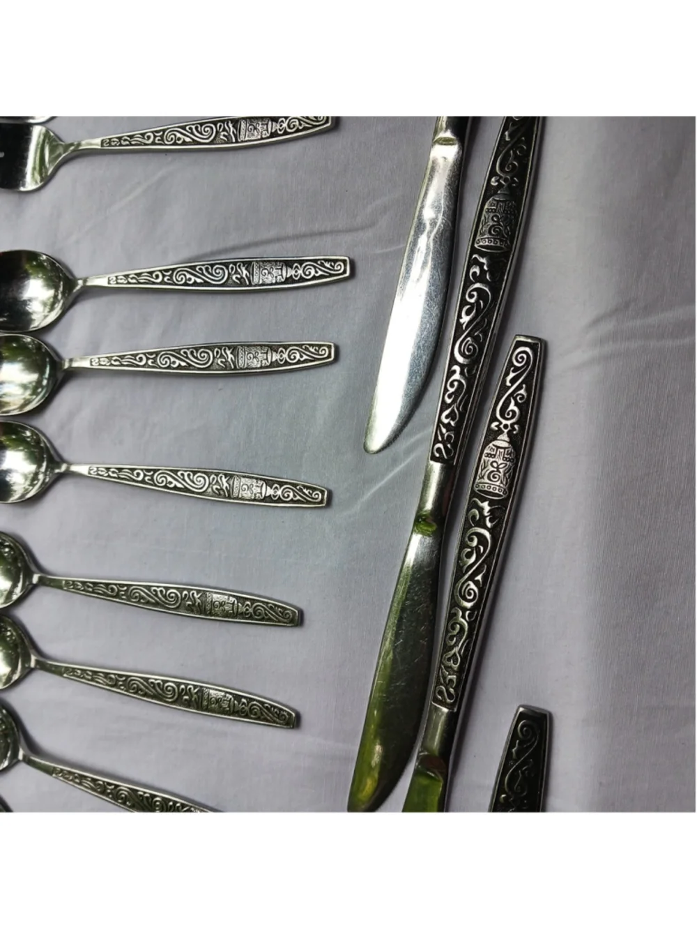 VTG MCM Stainless Steel Flatware Set Scroll Asian Good Luck Bell Chalice